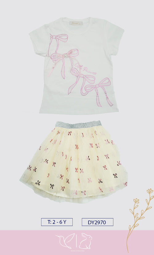 "Little Princess" de 2 Piezas: Playera con Moños y Falda de Tul Brillante para Niña