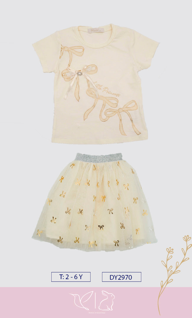 "Little Princess" de 2 Piezas: Playera con Moños y Falda de Tul Brillante para Niña