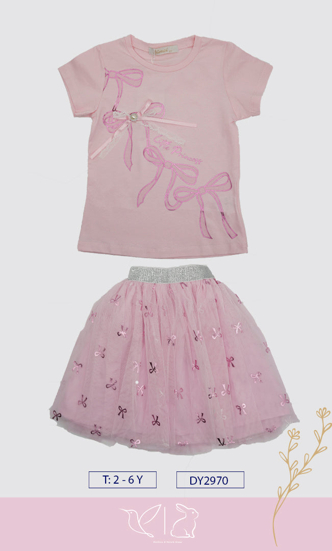 "Little Princess" de 2 Piezas: Playera con Moños y Falda de Tul Brillante para Niña