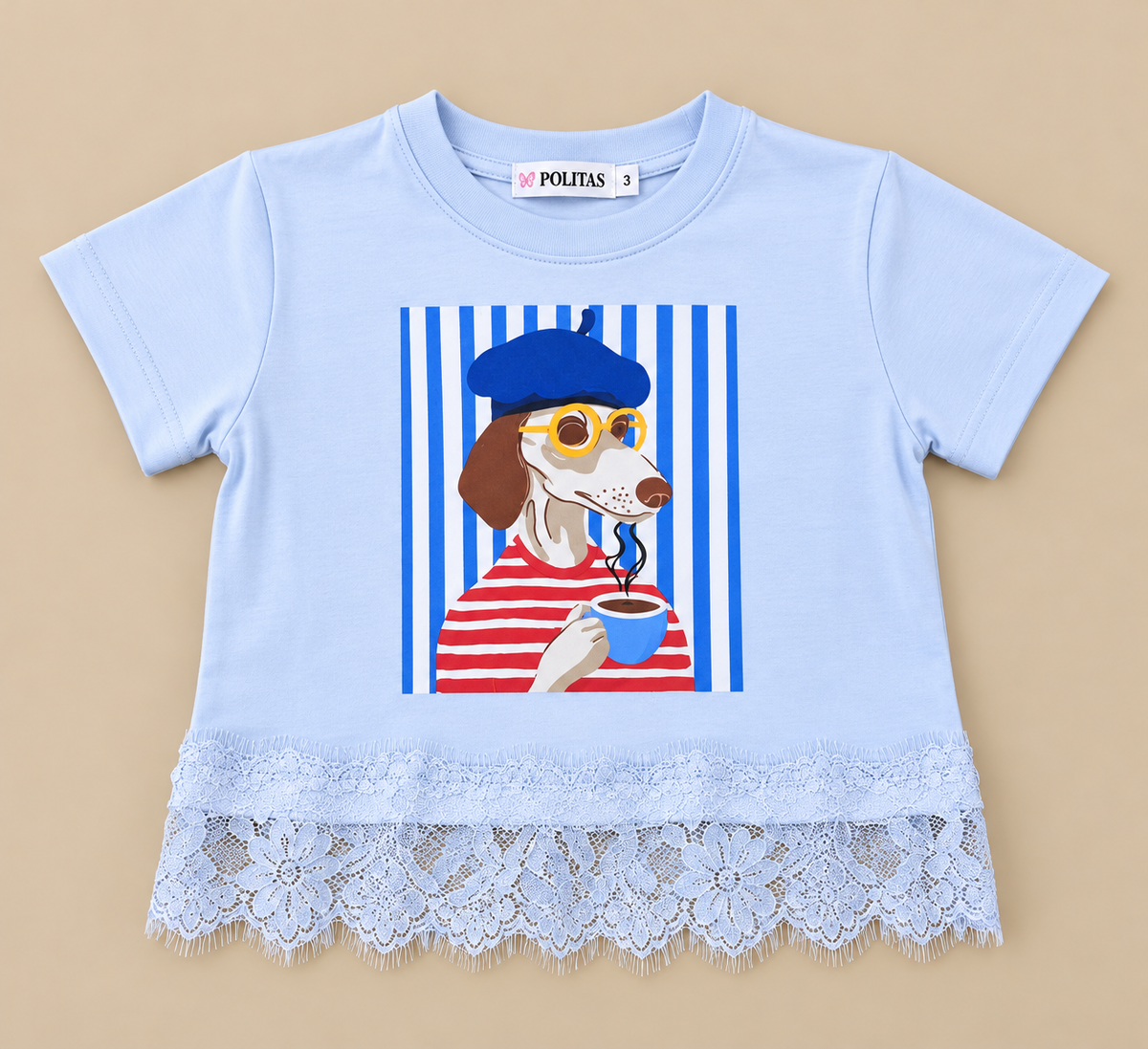 Blusa Infantil para Niña con Estampado de Perrito, Manga Corta y Encaje Floral en la Parte Inferior | Playera Casual de Moda