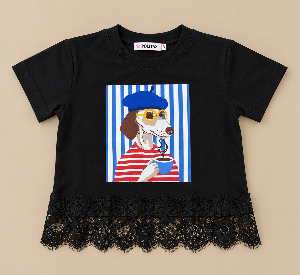 Blusa Infantil para Niña con Estampado de Perrito, Manga Corta y Encaje Floral en la Parte Inferior | Playera Casual de Moda