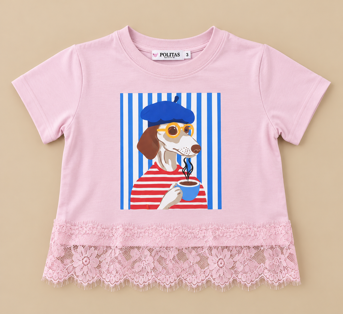 Blusa Infantil para Niña con Estampado de Perrito, Manga Corta y Encaje Floral en la Parte Inferior | Playera Casual de Moda