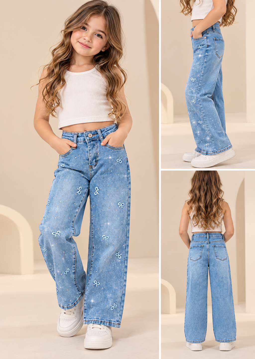 Jeans para Niña Wide Leg con Fresas Moñitos Bordados y Brillos ✨🎀 | Pantalón de Mezclilla Holgado