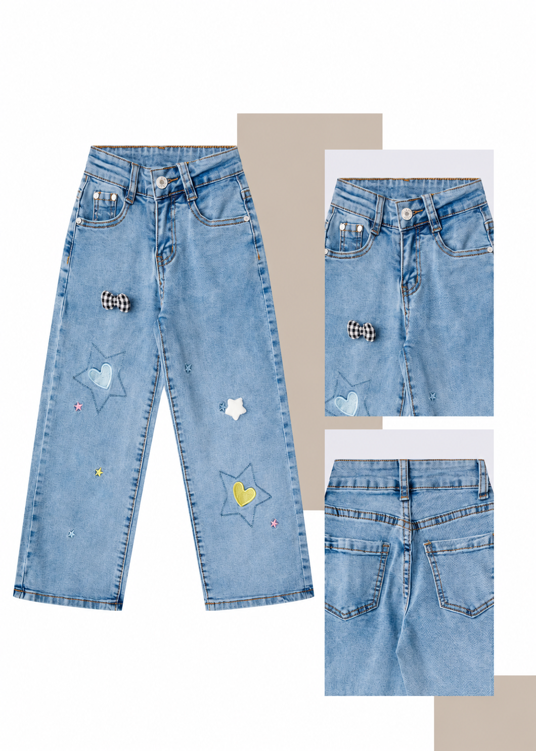 Jeans Wide Leg para Niña con Estrellas y Corazones Bordados 💖⭐ Mezclilla Holgada