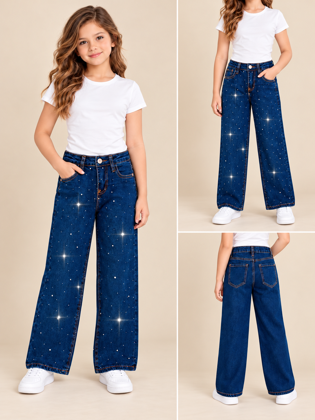 Pantalón de Mezclilla para Niña Wide Leg con Brillos ✨💙 Corte Holgado y Moderno