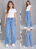 Jeans de Mezclilla para Niña Wide Leg con Moñitos Bordados 🎀 Pantalón Holgado de Moda