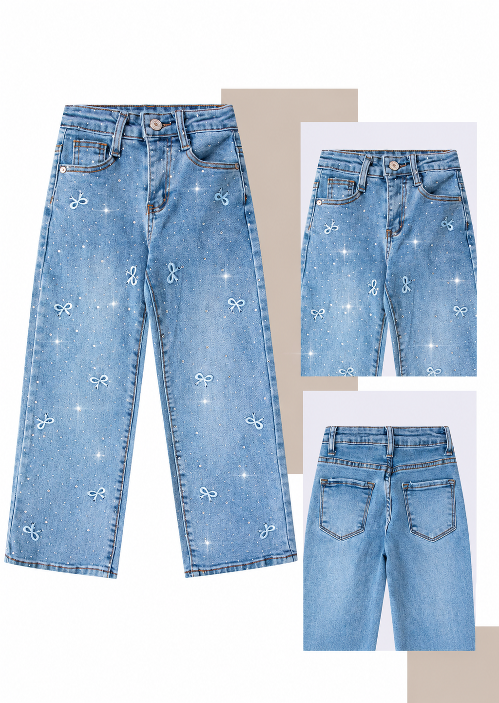 Jeans para Niña Wide Leg con Fresas Moñitos Bordados y Brillos ✨🎀 | Pantalón de Mezclilla Holgado