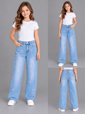 Jeans Wide Leg para Niña con Moñitos Bordados 🎀 | Pantalón de Mezclilla Holgado