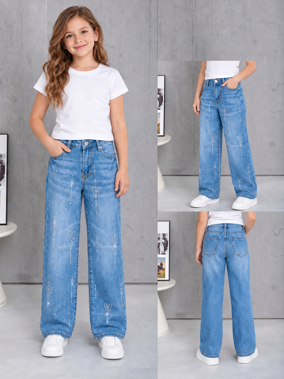 Pantalón Jeans para Niña Corte Ancho con Pedrería Brilla Moños y Estrellas