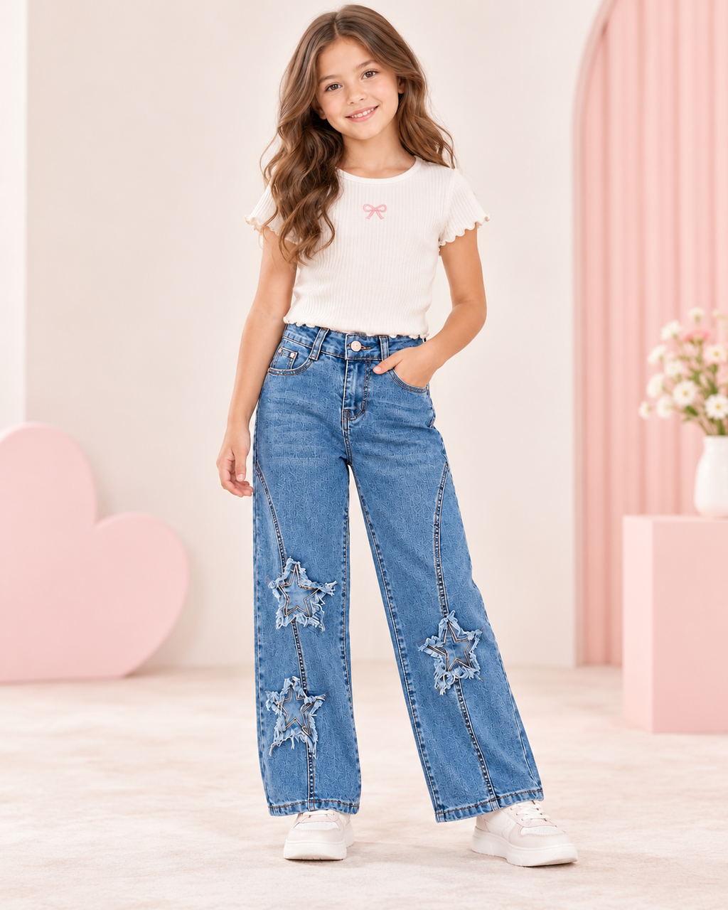 👖 Jeans Wide Leg para Niña con Estampado Floral | Mezclilla Tiro Alto
