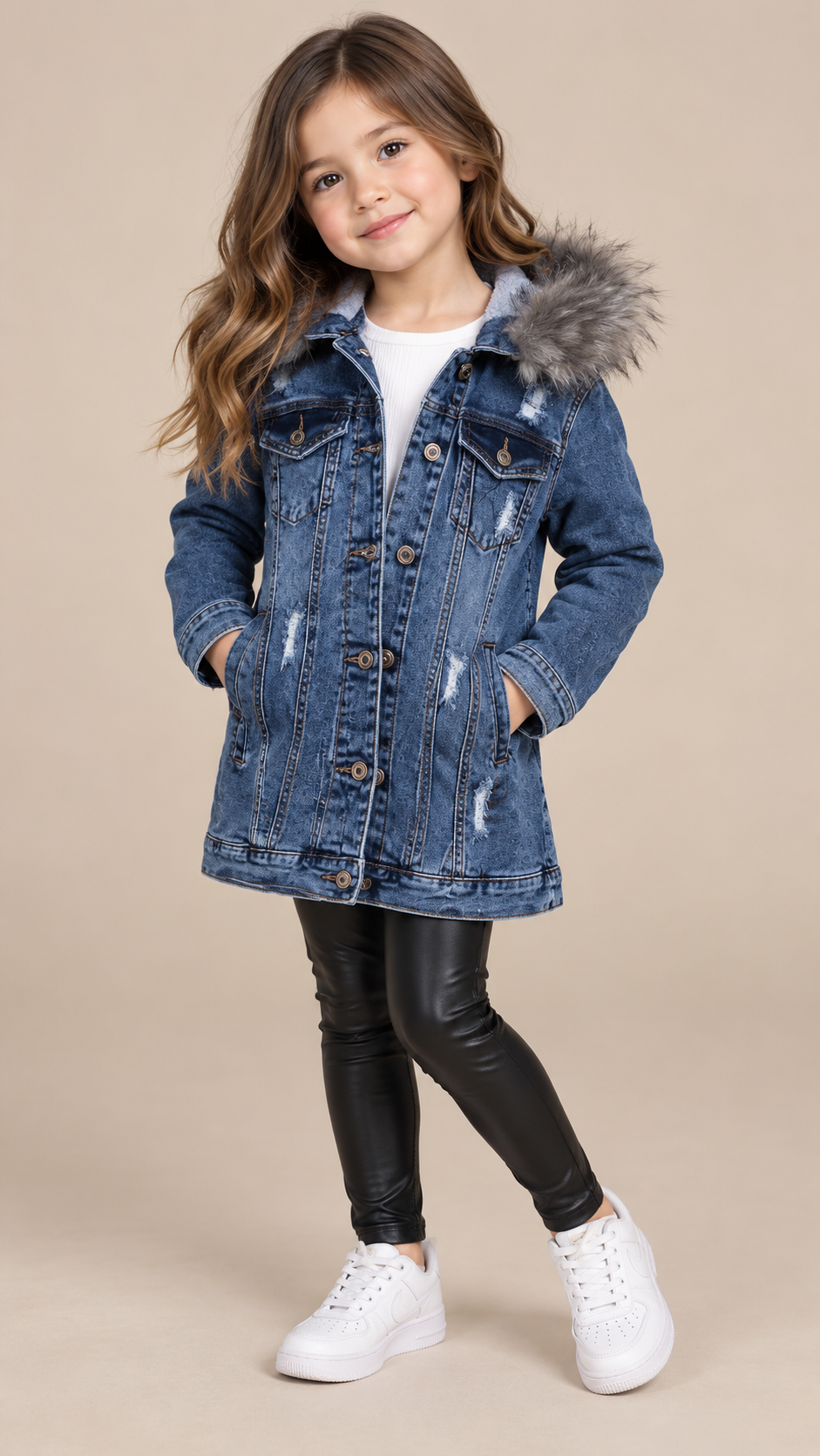 Chamarra de Mezclilla para Niña con Capucha de Peluche y Diseño Desgastado 💙✨