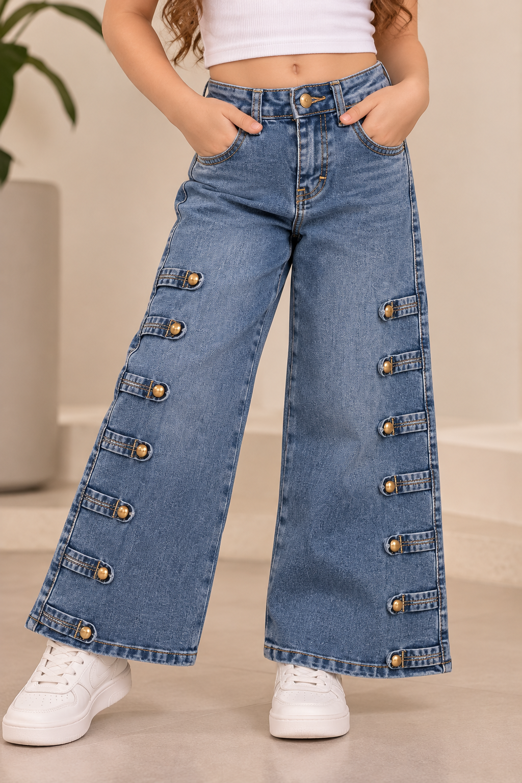 Jeans Wide Leg para Niña con Botones Dorados Laterales 👖✨