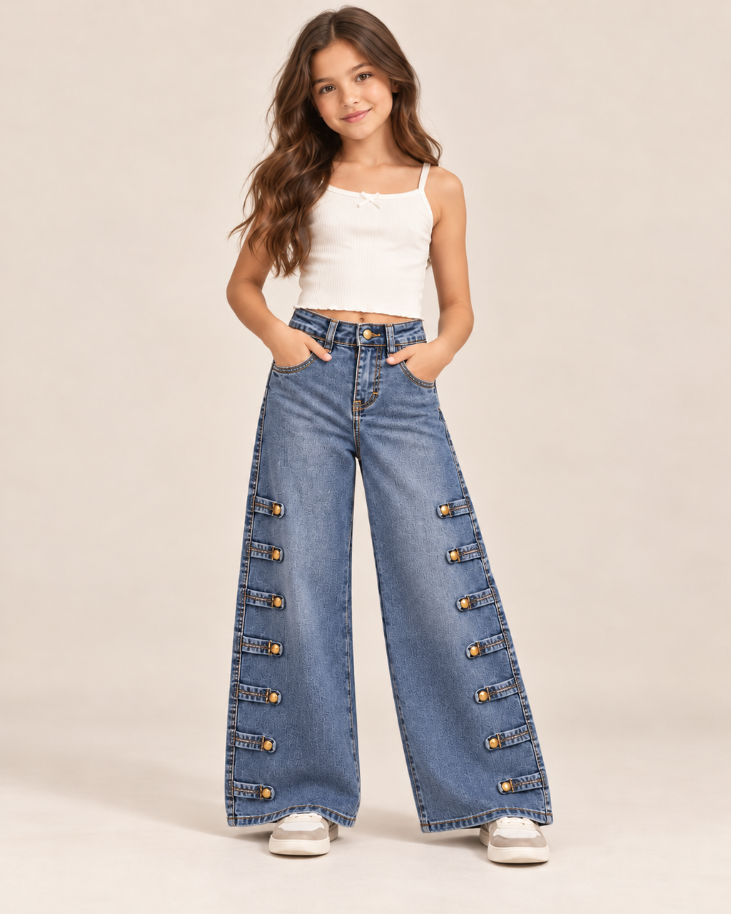 Jeans Wide Leg para Niña con Botones Dorados Laterales 👖✨