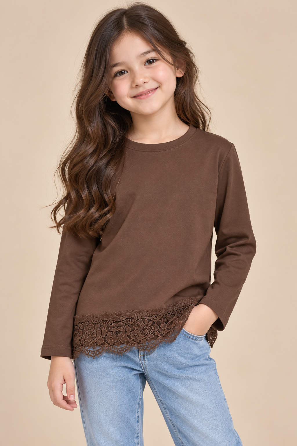 Blusa para Niña Manga Larga con Encaje Floral en la Parte Inferior | Blusa Casual Elegante