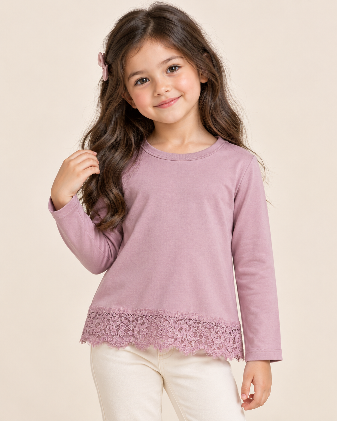 Blusa para Niña Manga Larga con Encaje Floral en la Parte Inferior | Blusa Casual Elegante