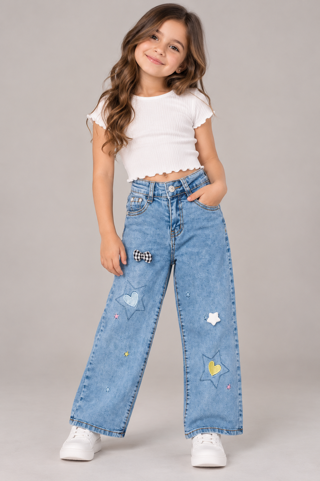 Jeans Wide Leg para Niña con Estrellas y Corazones Bordados 💖⭐ Mezclilla Holgada