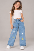 Jeans Wide Leg para Niña con Estrellas y Corazones Bordados 💖⭐ Mezclilla Holgada