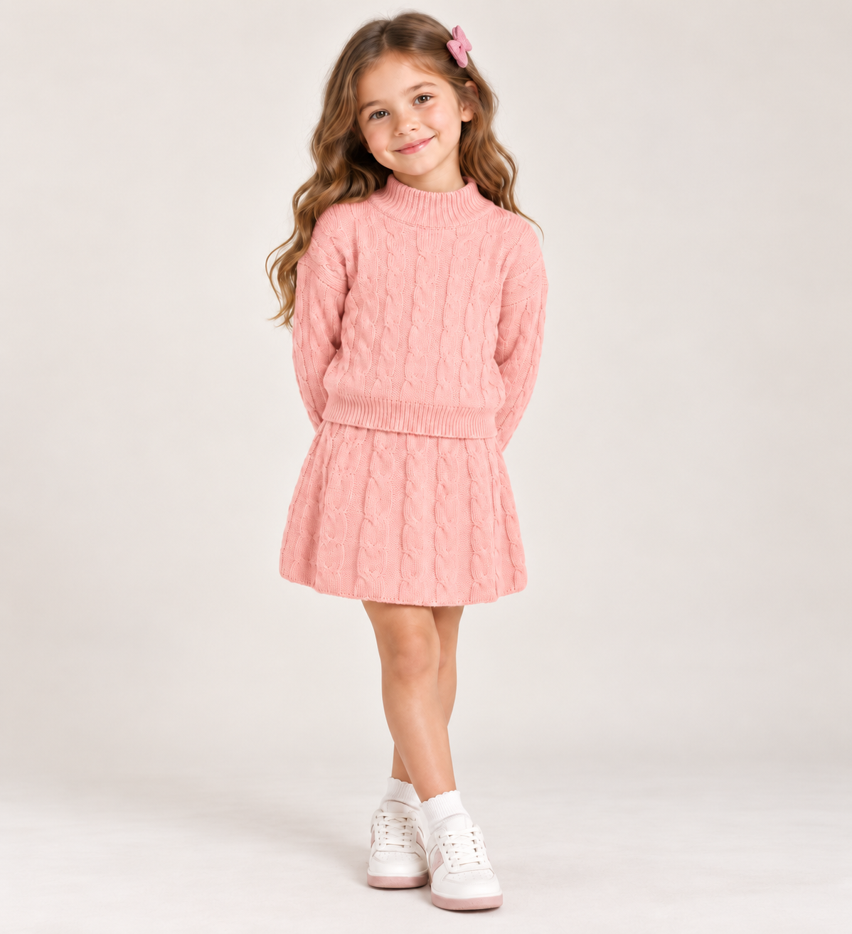 Conjunto de Tejido para Niña 2 Piezas | Suéter Manga Larga y Falda de Punto Trenzado ✨