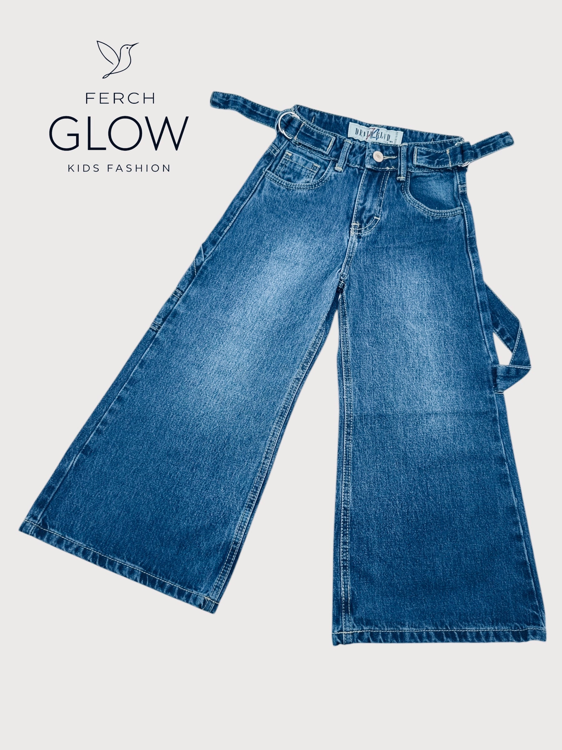 Jeans Wide Leg "D'MARK JEANS" con Cinturón Ajustable – Azul Stone Wash