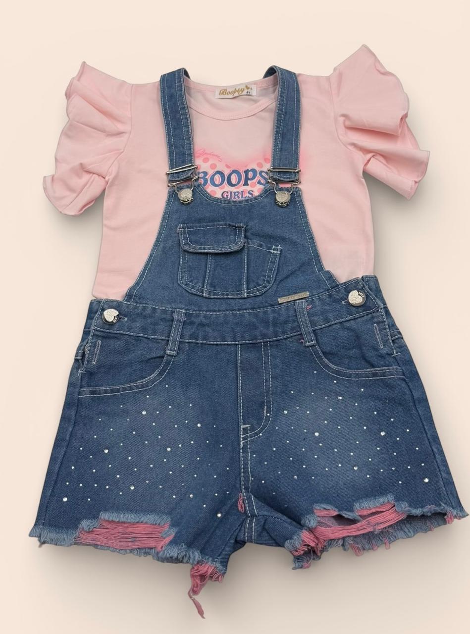 Outfit "Glam Rock" Infantil: Jardinera con Brillos + Blusa de Volantes Estampada