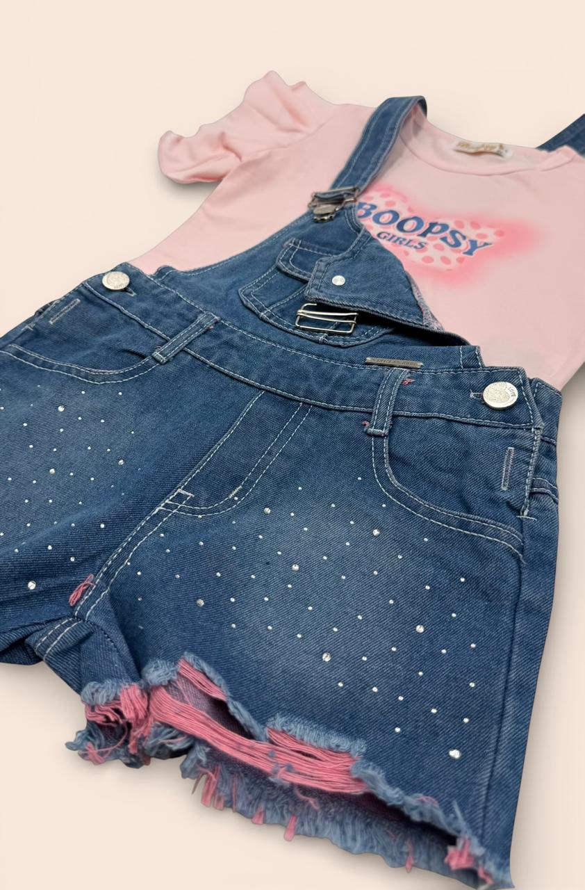 Outfit "Glam Rock" Infantil: Jardinera con Brillos + Blusa de Volantes Estampada