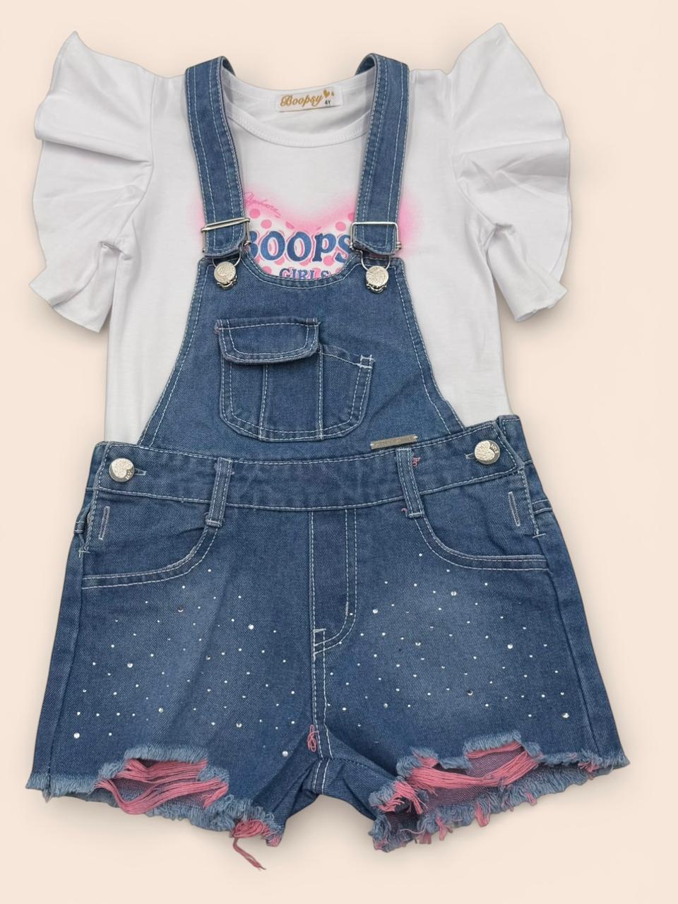 Outfit "Glam Rock" Infantil: Jardinera con Brillos + Blusa de Volantes Estampada