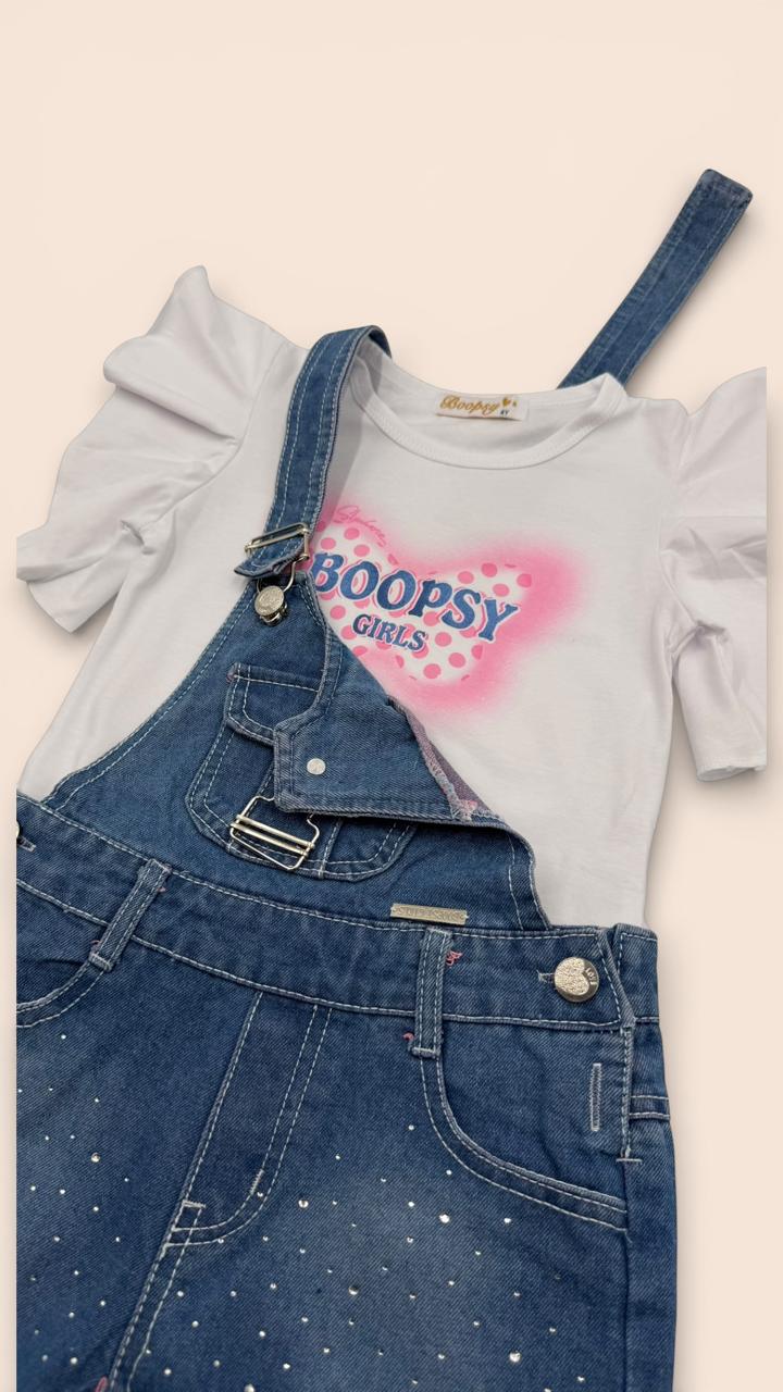 Outfit "Glam Rock" Infantil: Jardinera con Brillos + Blusa de Volantes Estampada