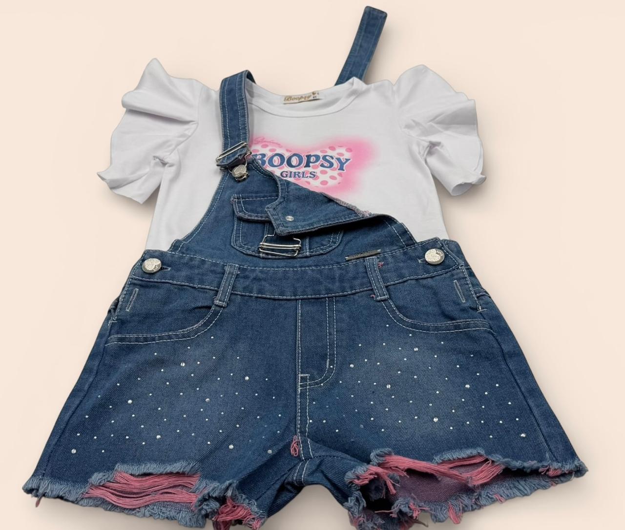 Outfit "Glam Rock" Infantil: Jardinera con Brillos + Blusa de Volantes Estampada
