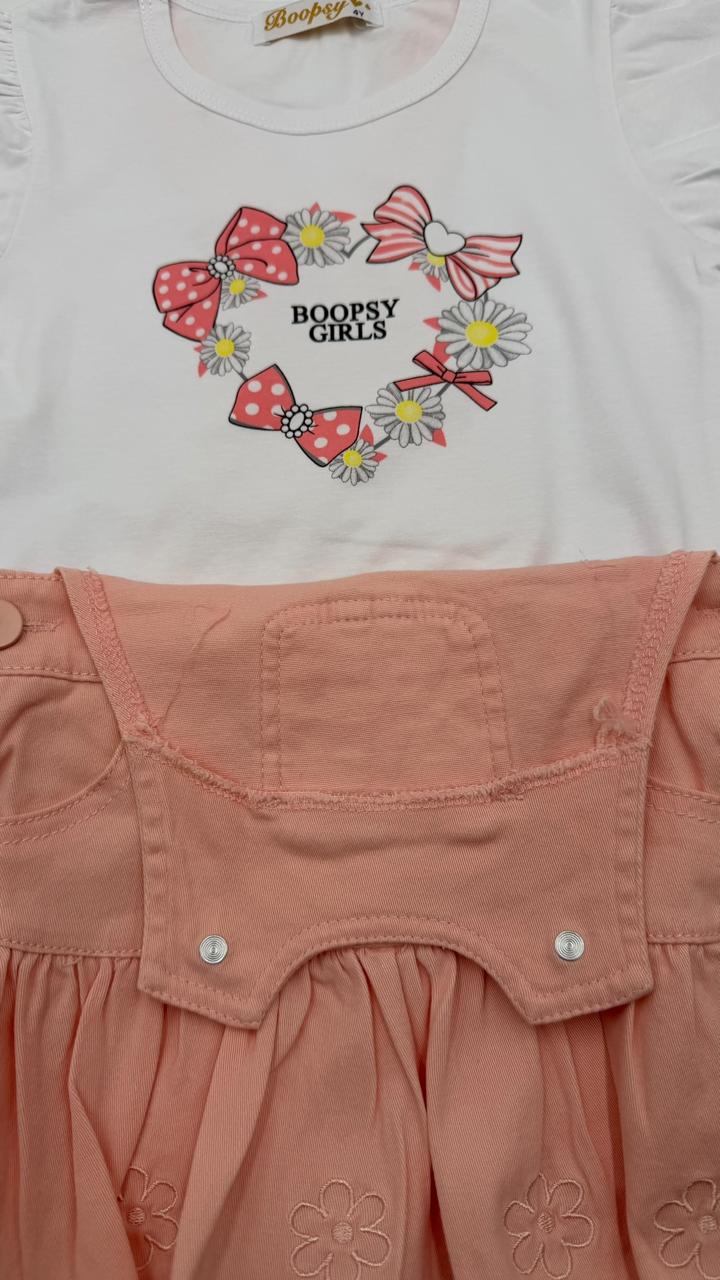 Conjunto "Jardinera Sweet Flower" – Overol de Falda Rosa y Camiseta con Manga Bombacha