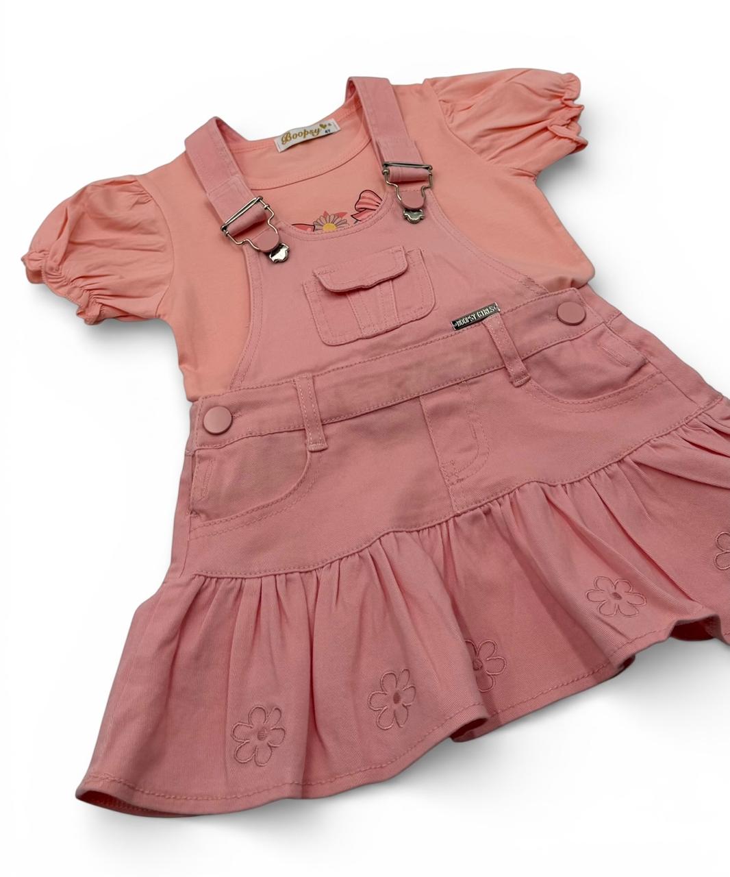 Conjunto "Jardinera Sweet Flower" – Overol de Falda Rosa y Camiseta con Manga Bombacha