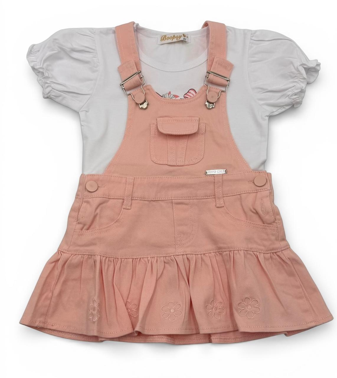 Conjunto "Jardinera Sweet Flower" – Overol de Falda Rosa y Camiseta con Manga Bombacha