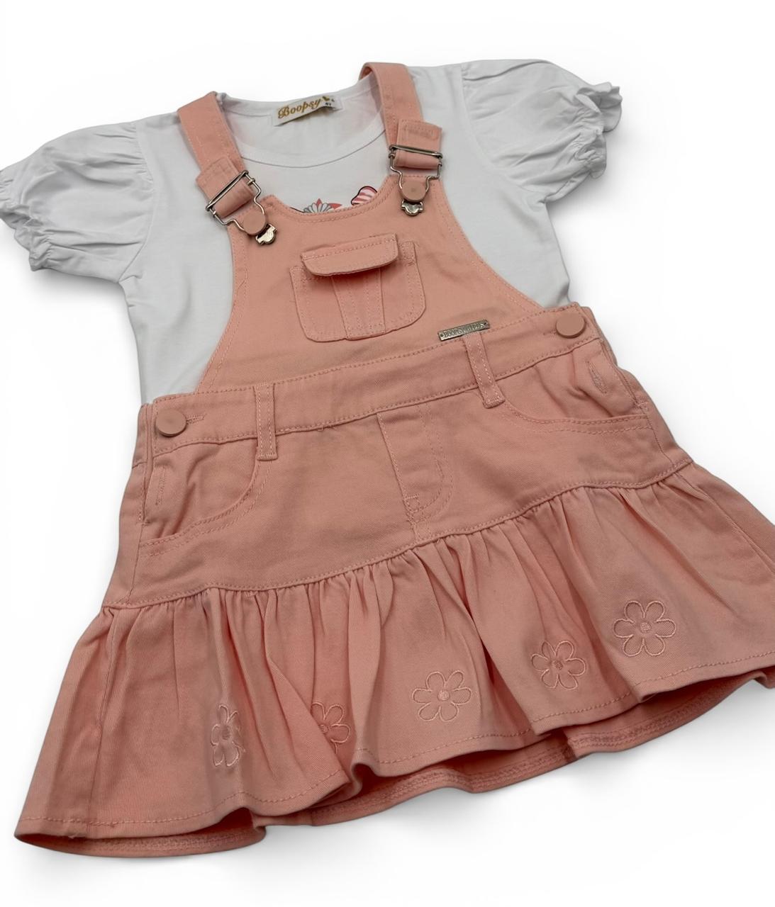 Conjunto "Jardinera Sweet Flower" – Overol de Falda Rosa y Camiseta con Manga Bombacha