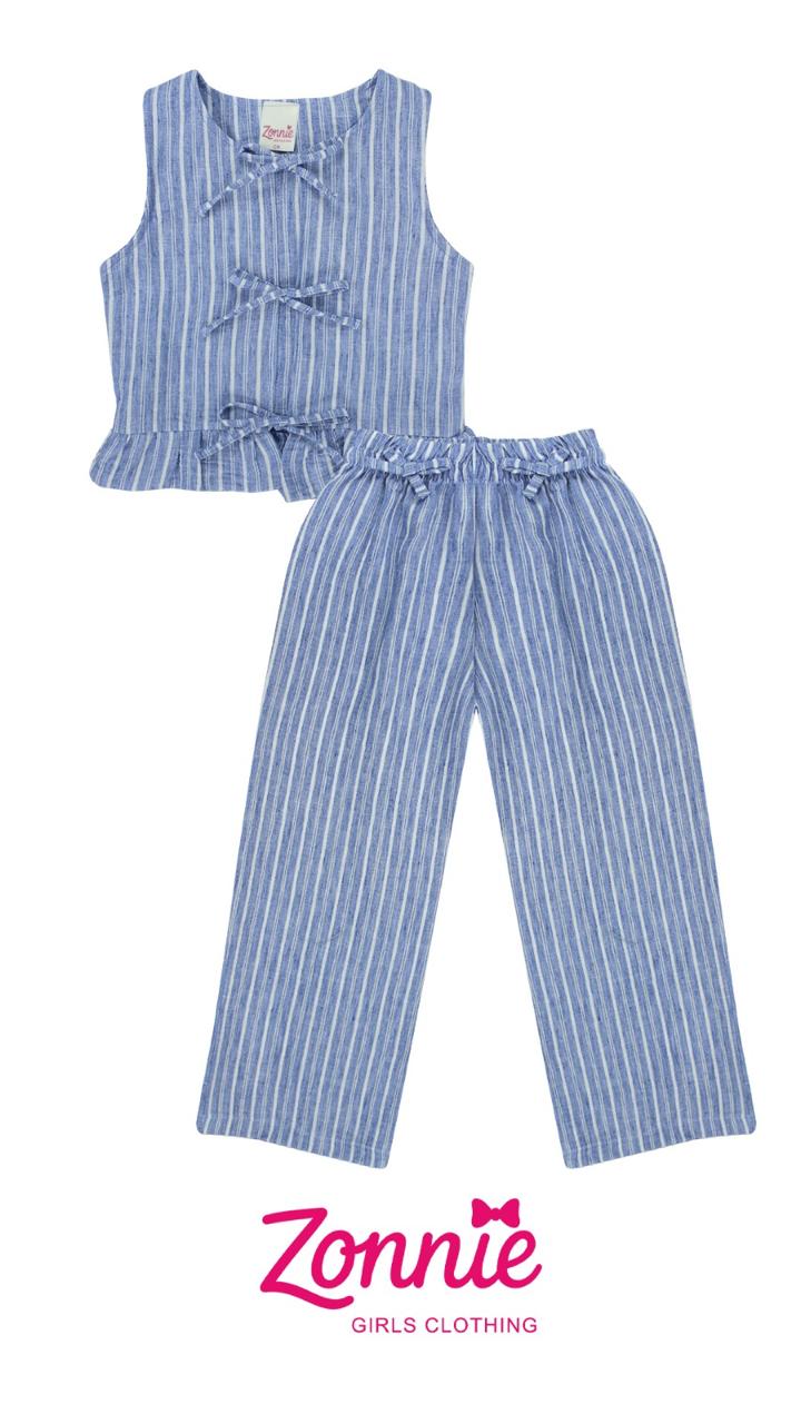 Conjunto Coquette de Lino para Niña - Top con Lazos y Pantalón a Rayas (2 Piezas)