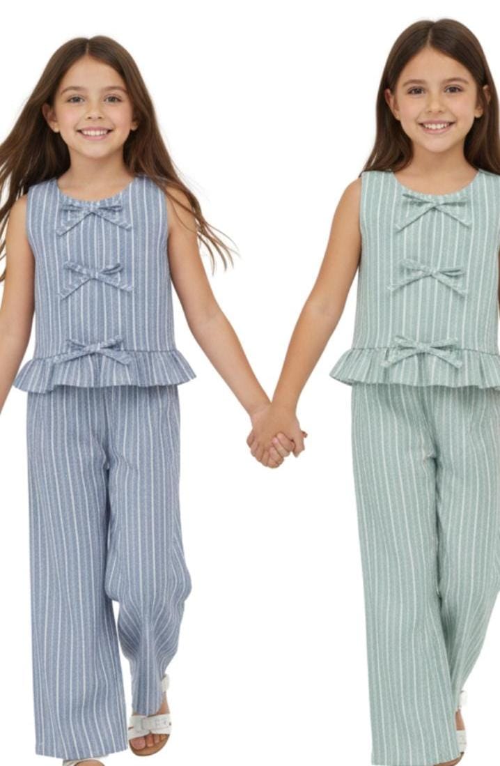 Conjunto Coquette de Lino para Niña - Top con Lazos y Pantalón a Rayas (2 Piezas)