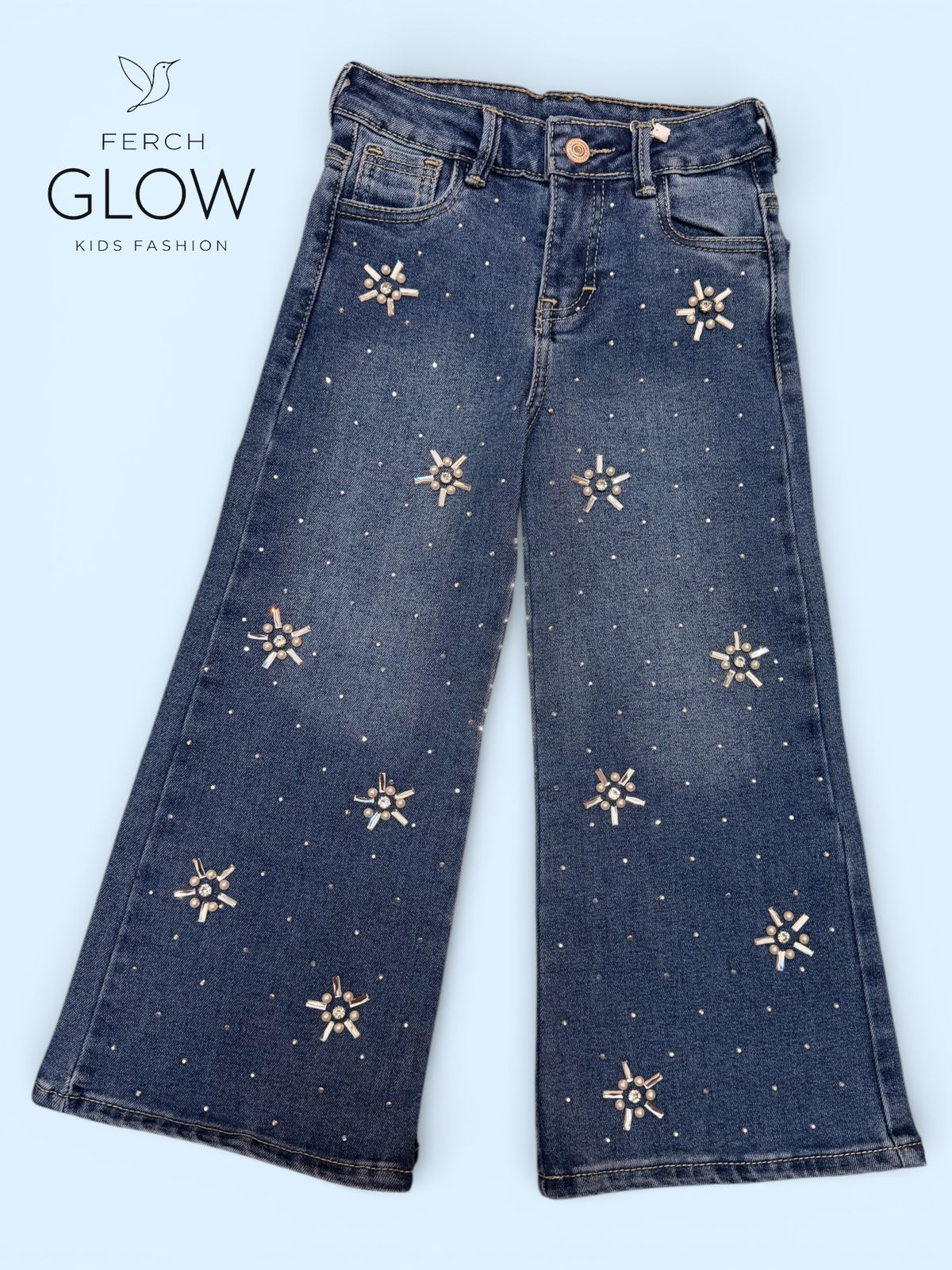 Jeans Wide Leg de Niña con Cristales y Brillantes