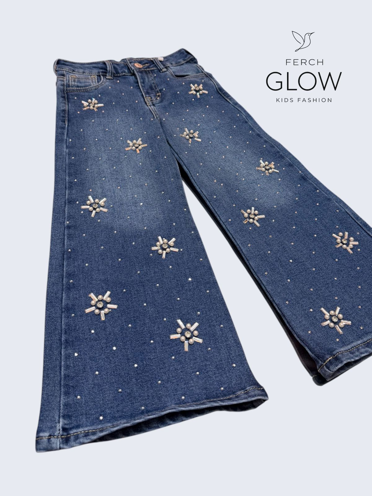 Jeans Wide Leg de Niña con Cristales y Brillantes