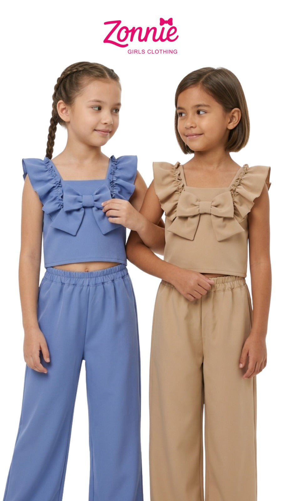 Conjunto "Zonnie Elegance" de 2 Piezas: Top con Moño Maxi y Pantalón Wide Leg para Niña ✨