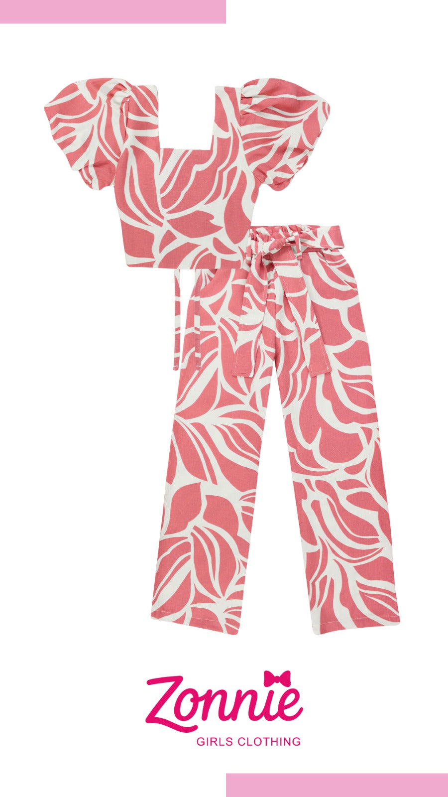 Conjunto Tropical Zonnie de 2 Piezas | Blusa Puff & Pantalón con Lazo 🌸✨