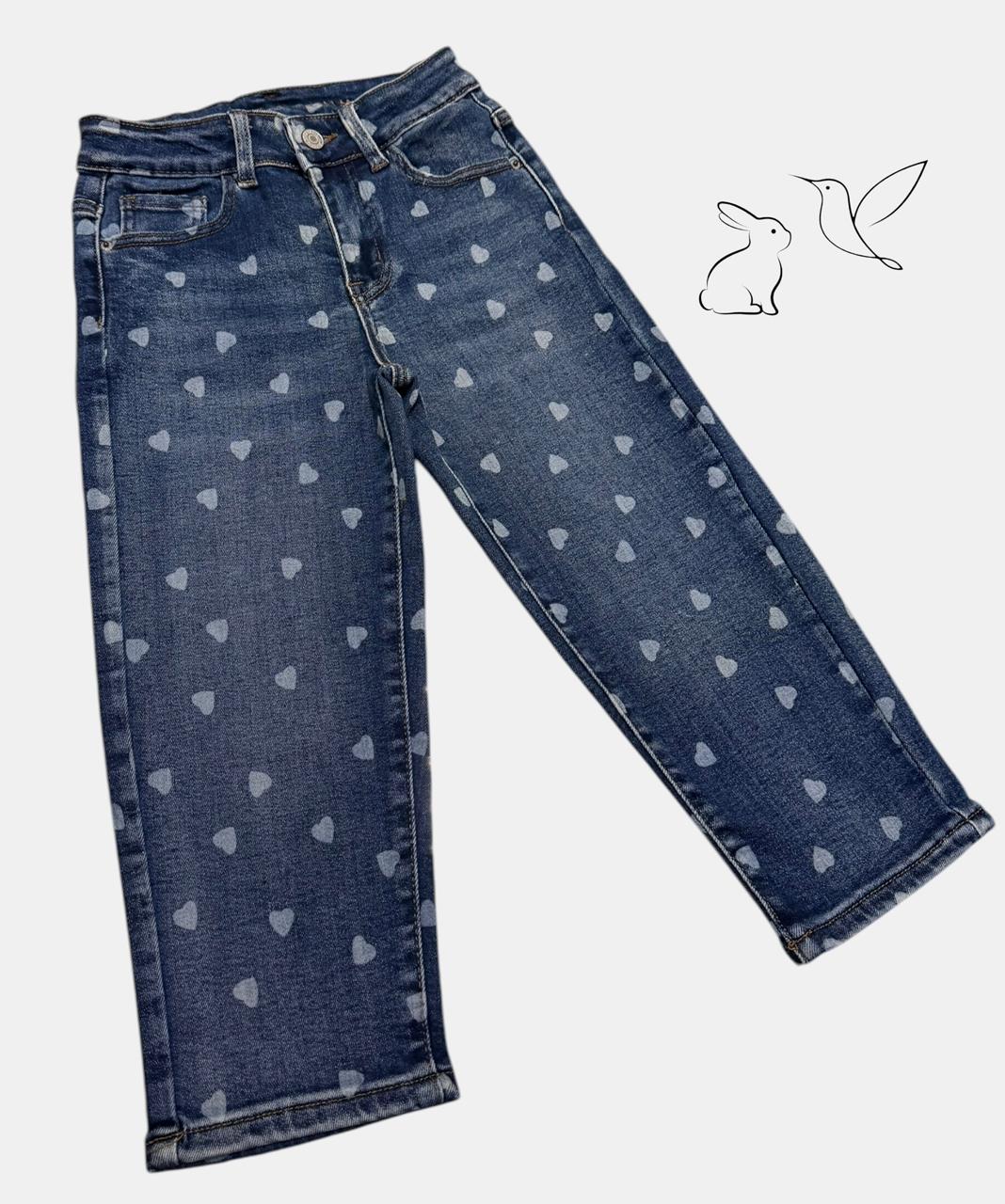Jeans Denim con Estampado de Corazones para Niña