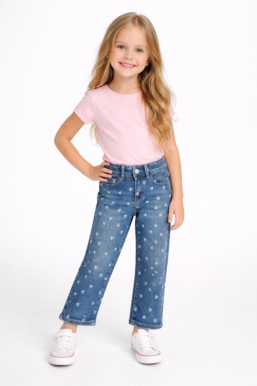 Jeans Denim con Estampado de Corazones para Niña