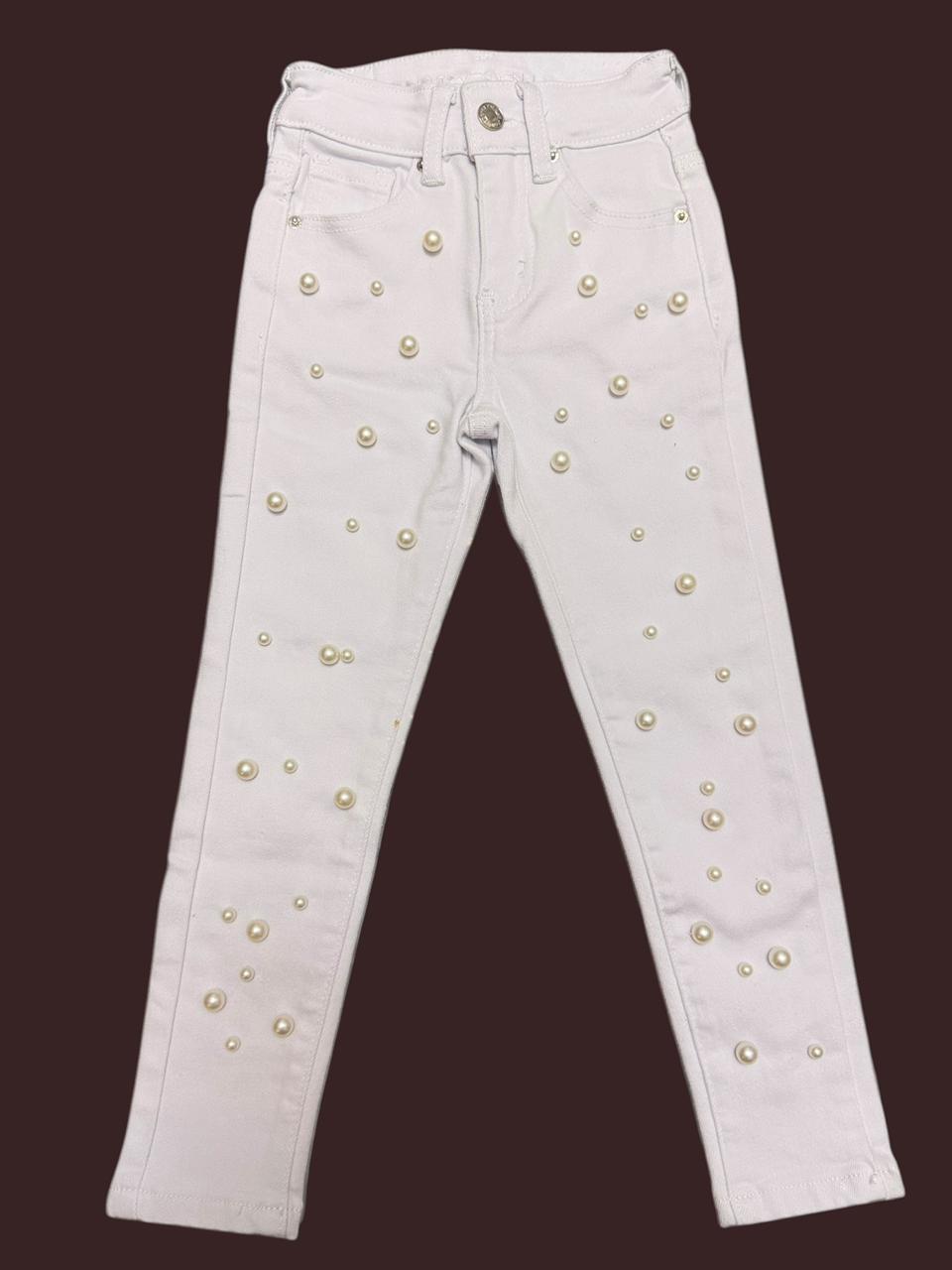 Jeans Blancos con Aplicación de Perlas para Niña – Pantalón Denim Elegante y Moderno