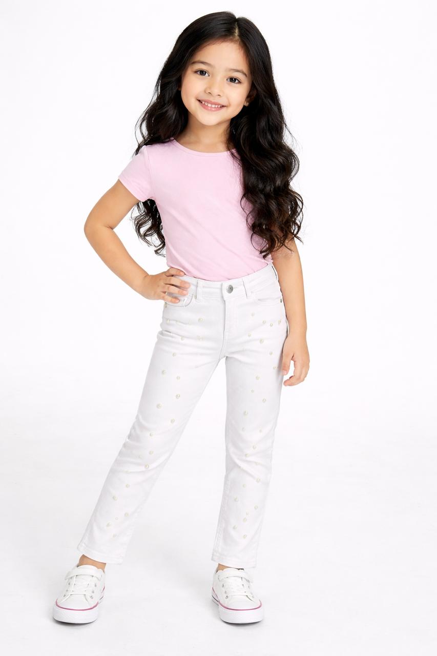 Jeans Blancos con Aplicación de Perlas para Niña – Pantalón Denim Elegante y Moderno
