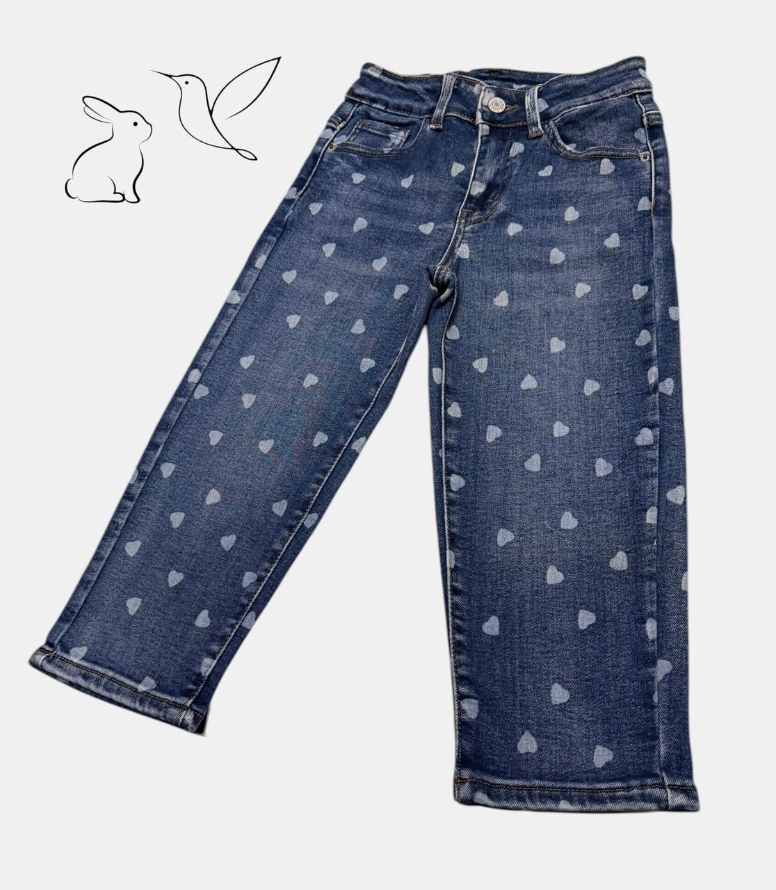 Jeans Denim con Estampado de Corazones para Niña