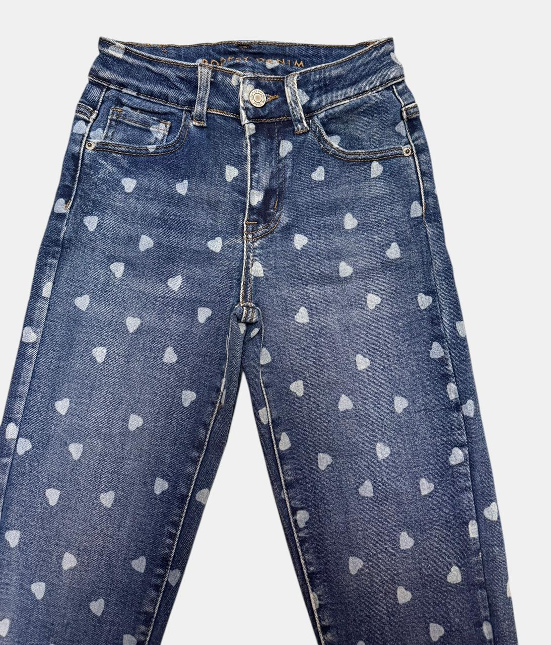 Jeans Denim con Estampado de Corazones para Niña