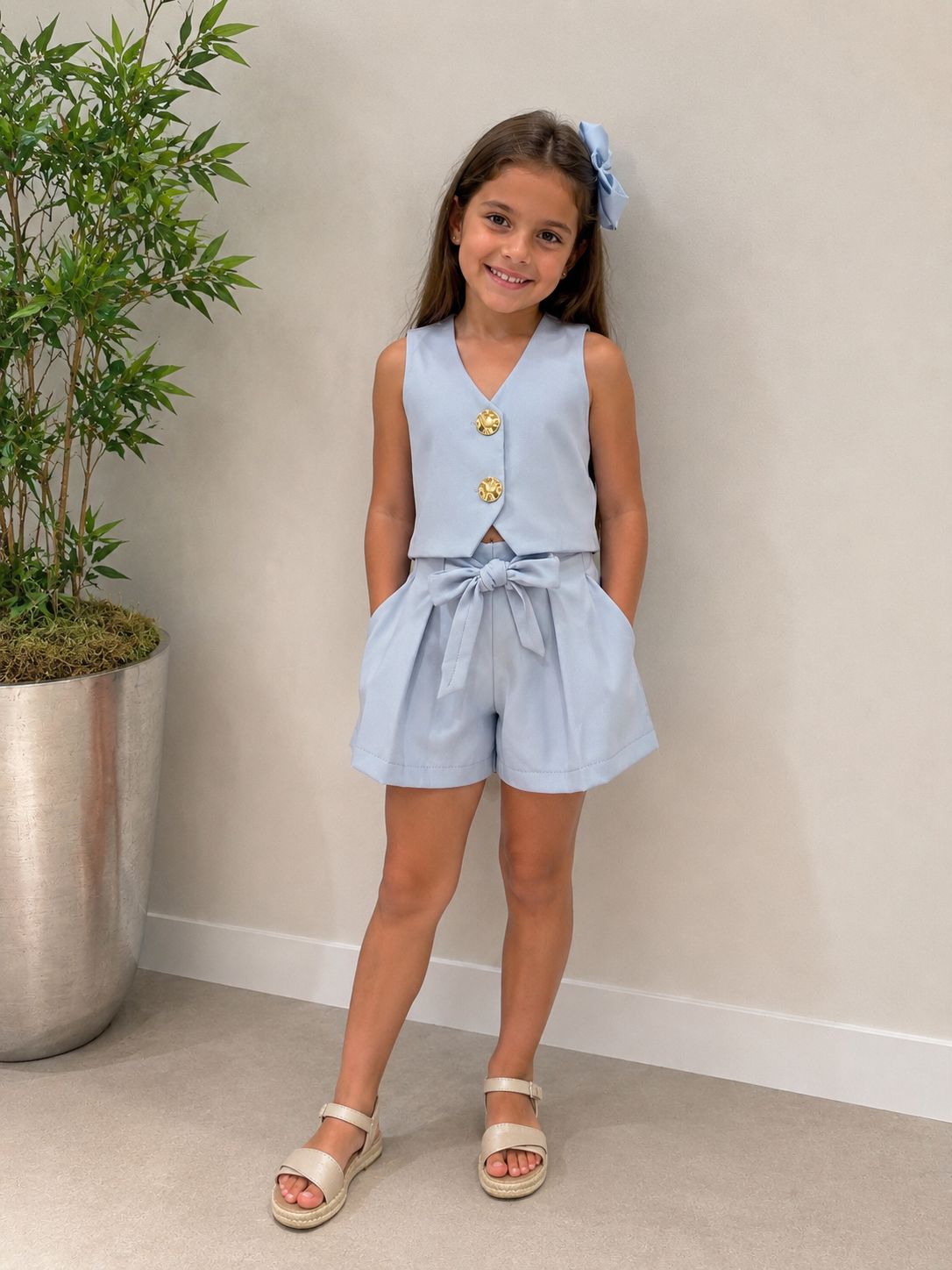 Conjunto de 2 Piezas para Niña: Chaleco Corto con Botones Dorados + Shorts Plisados con Lazo.