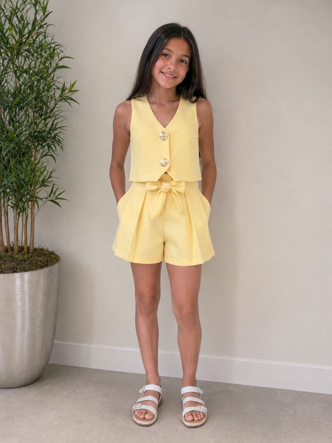 Conjunto de 2 Piezas para Niña: Chaleco Corto con Botones Dorados + Shorts Plisados con Lazo.
