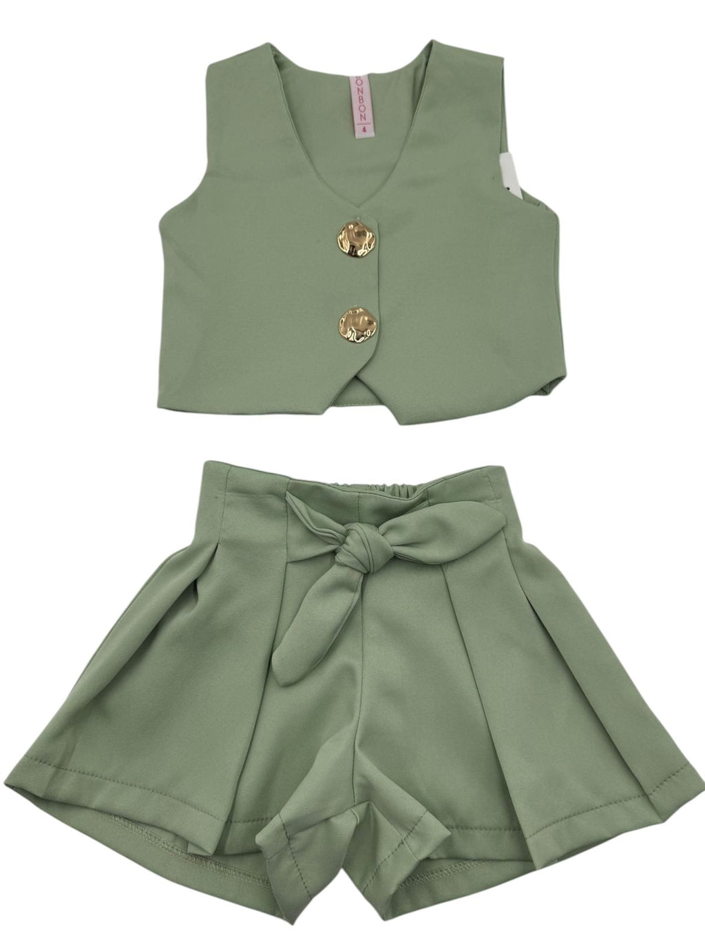 Conjunto de 2 Piezas para Niña: Chaleco Corto con Botones Dorados + Shorts Plisados con Lazo.