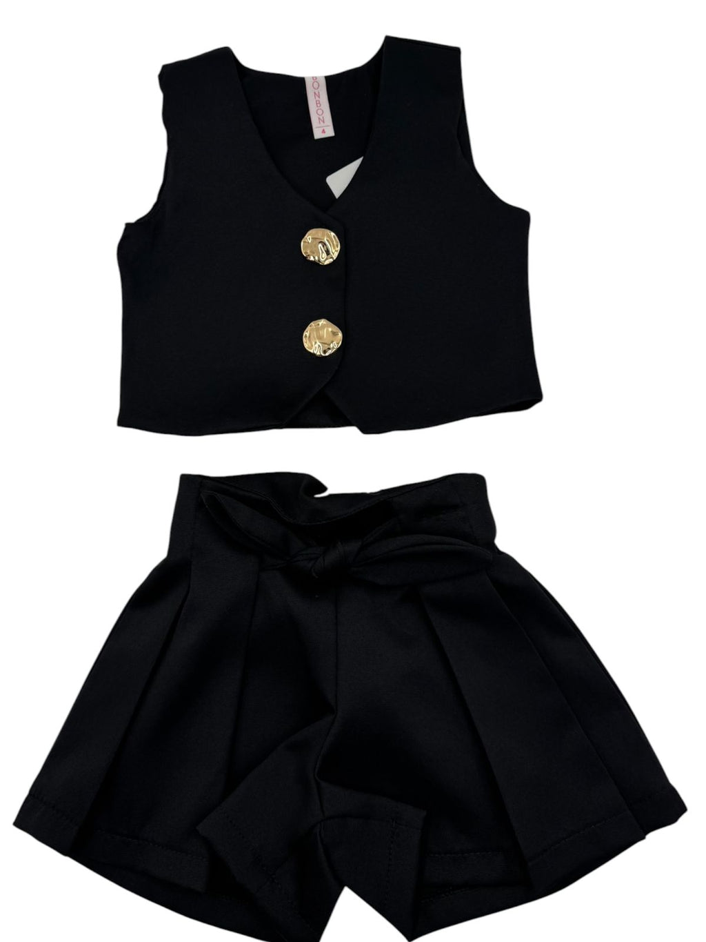Conjunto de 2 Piezas para Niña: Chaleco Corto con Botones Dorados + Shorts Plisados con Lazo.