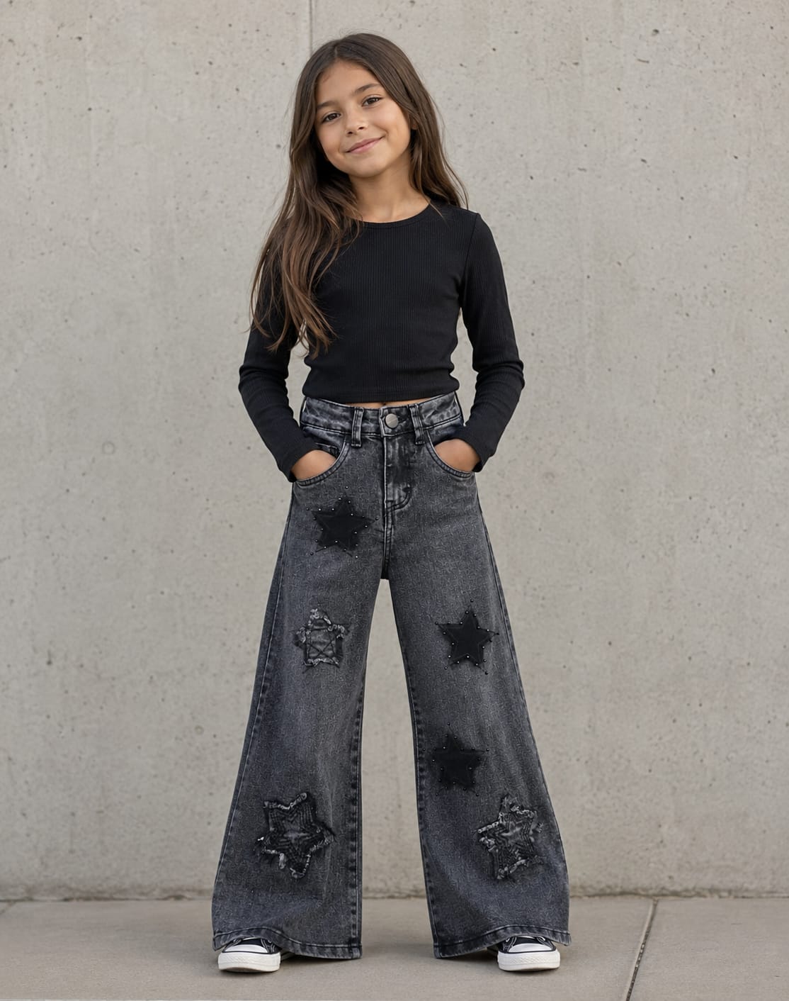Jeans Wide Leg Denim con Parches de Estrellas para Niña
