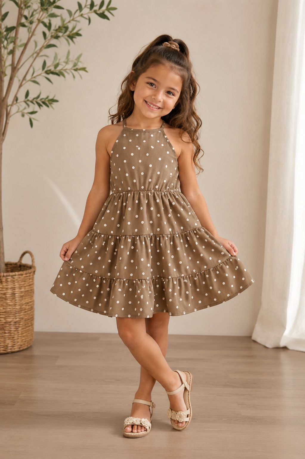 Vestido Infantil de Lunares Café con Cuello Halter y Olanes – Ropa Casual de Verano para Niñas